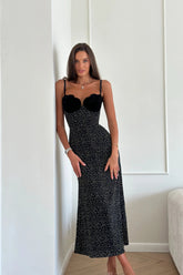 Siyah Askılı Kalp Detaylı Midi Elbise Zalle